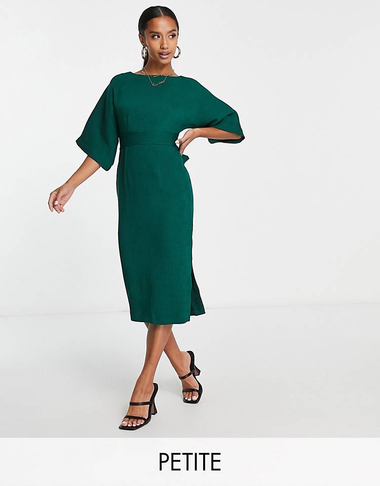 Closet London Petite ribbed pencil midi dress in emerald green